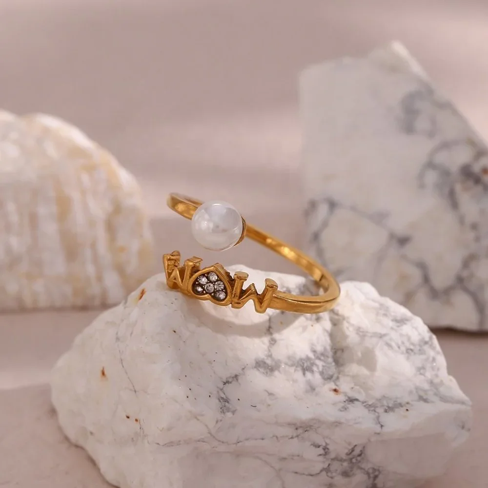 Mom Adjustable Pearl Zircon Heart Stackable Ring 18K Gold Plated Stainless Steel - Picture 10 of 11